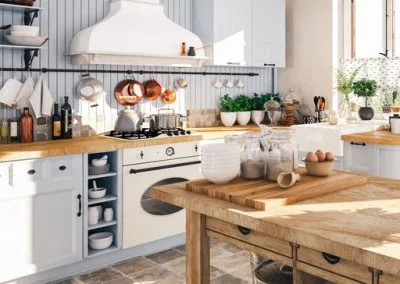 A country kitchen with fully restored cabinetry that fits with the vintage country aesthetic