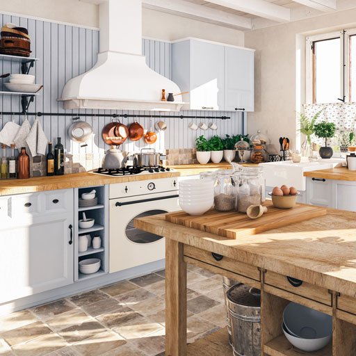 A country kitchen with fully restored cabinetry that fits with the vintage country aesthetic 