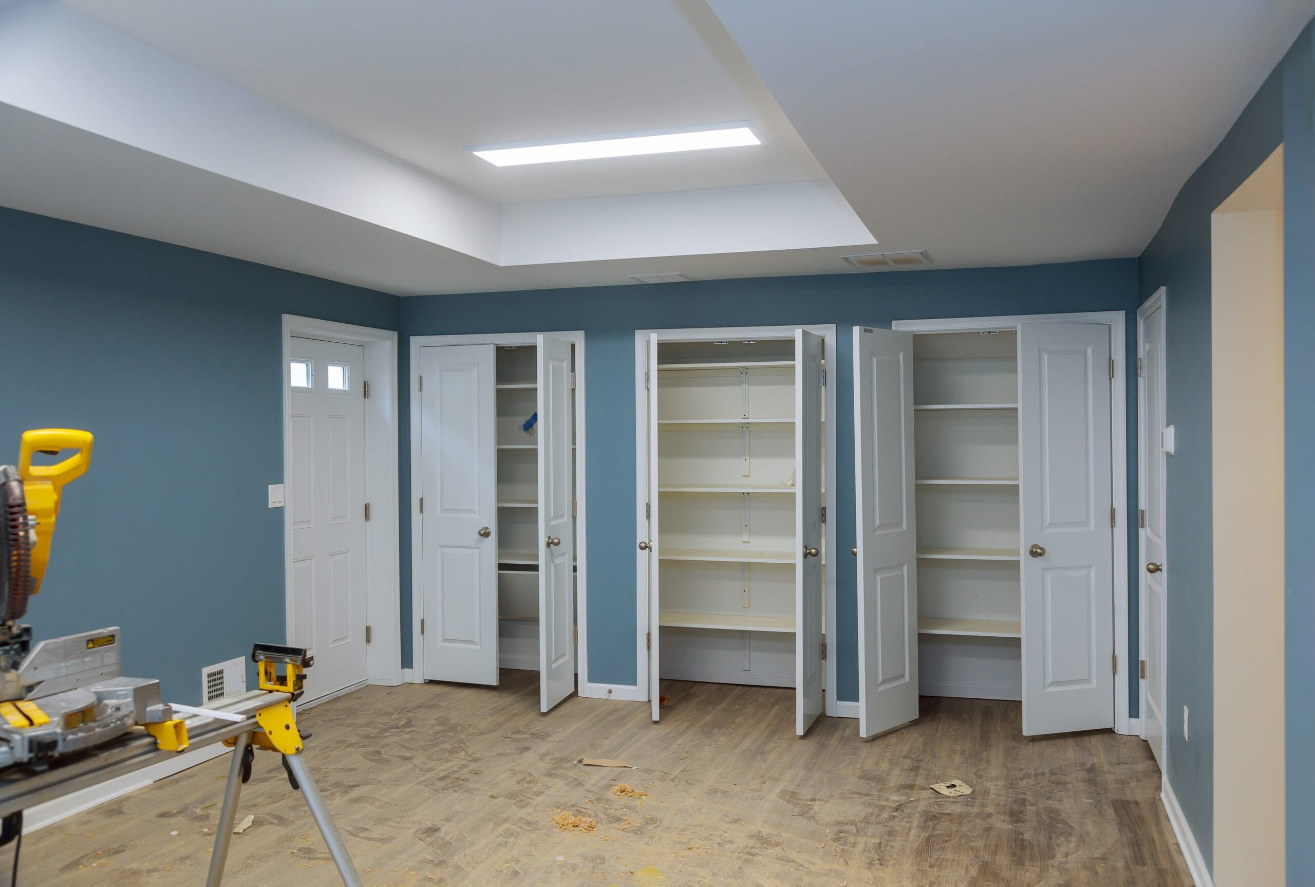 Custom shelving and storage bins used for basement organization and storage