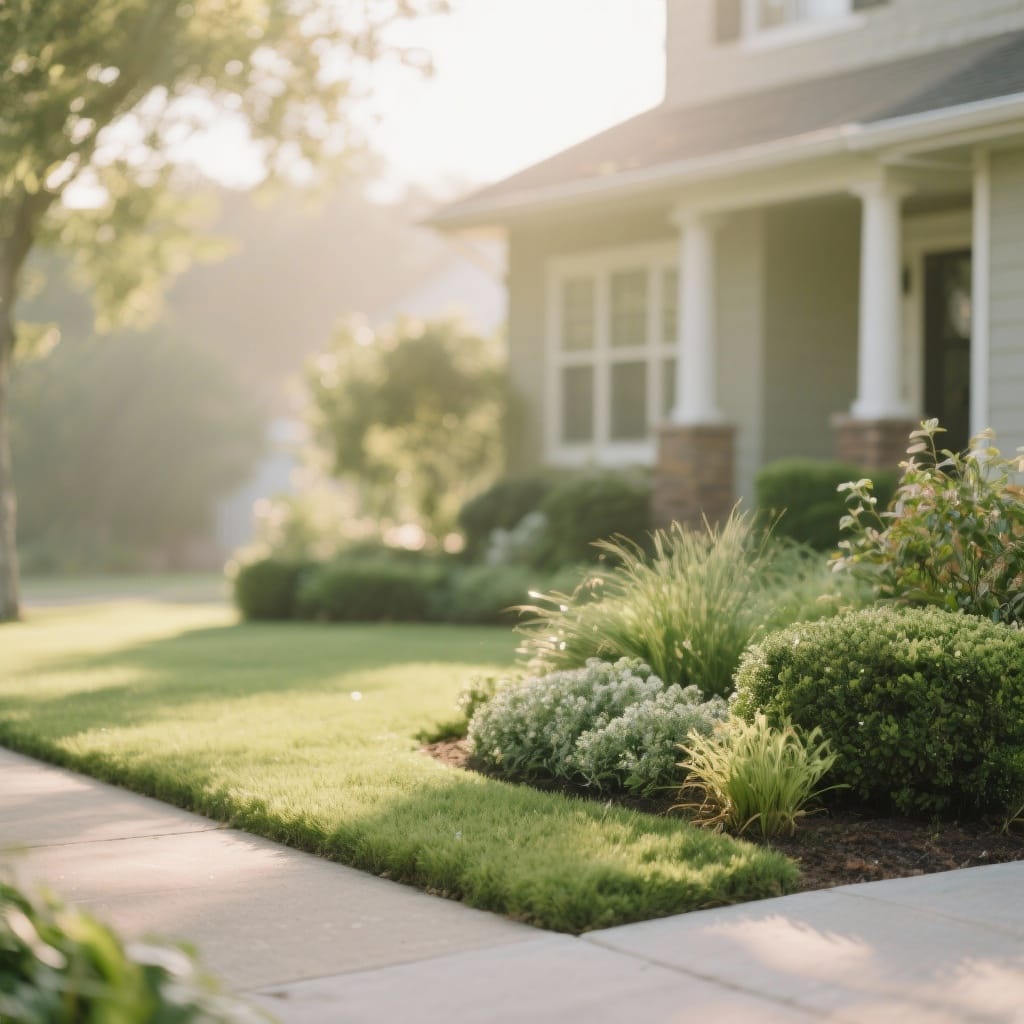 Beautiful front yard landscaping with layered plants and mulch beds increasing home curb appeal