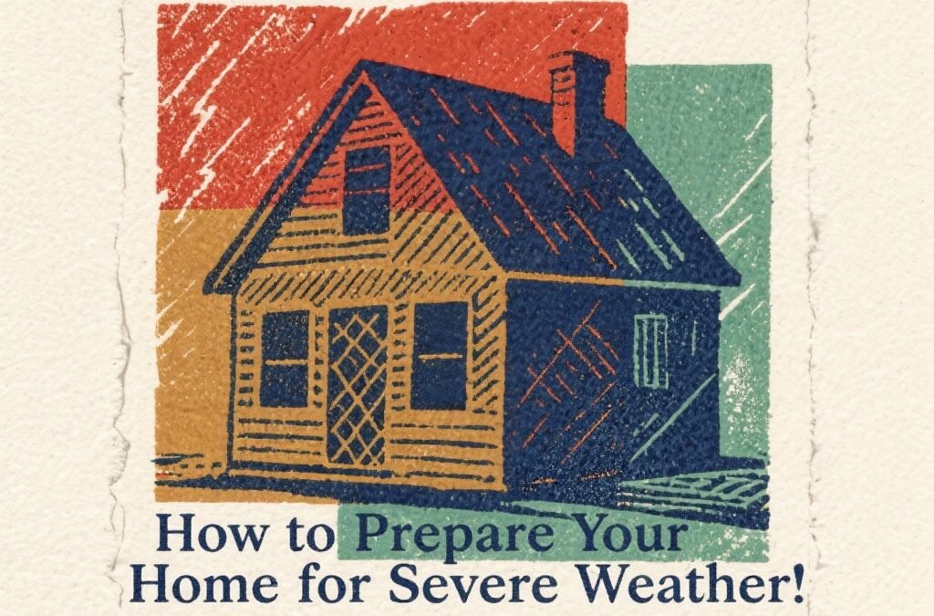 Emergency preparedness kit with flashlight, water bottles, and first aid supplies for severe weather