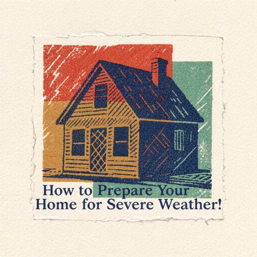 Emergency preparedness kit with flashlight, water bottles, and first aid supplies for severe weather