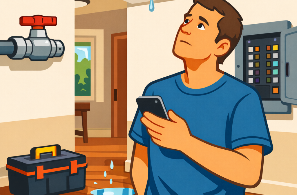 Homeowner responding to emergency home repairs with water leak from ceiling while holding phone near shutoff valve