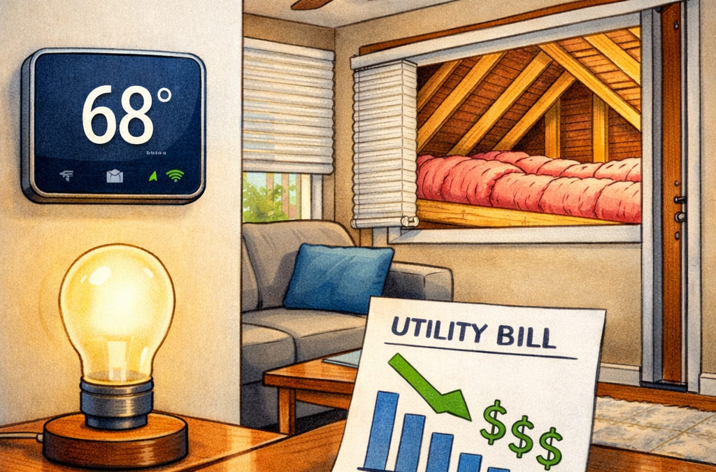 Modern living room showing energy efficiency features including LED bulb smart thermostat and insulation with savings
