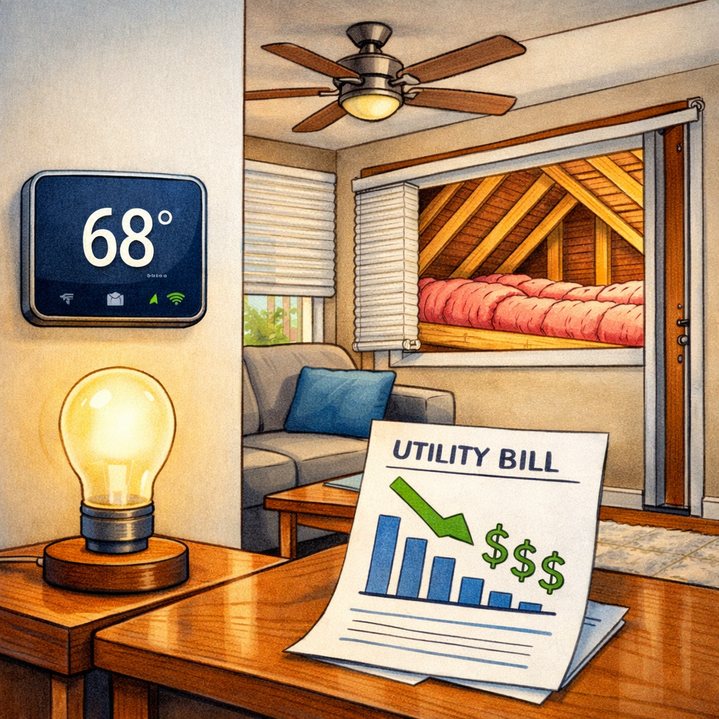 Modern living room showing energy efficiency features including LED bulb smart thermostat and insulation with savings