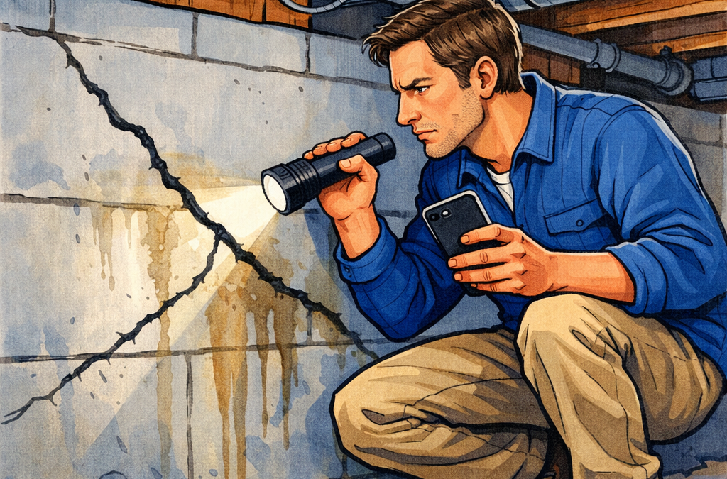 Homeowner inspecting foundation crack with flashlight documenting home maintenance red flag requiring professional assessment