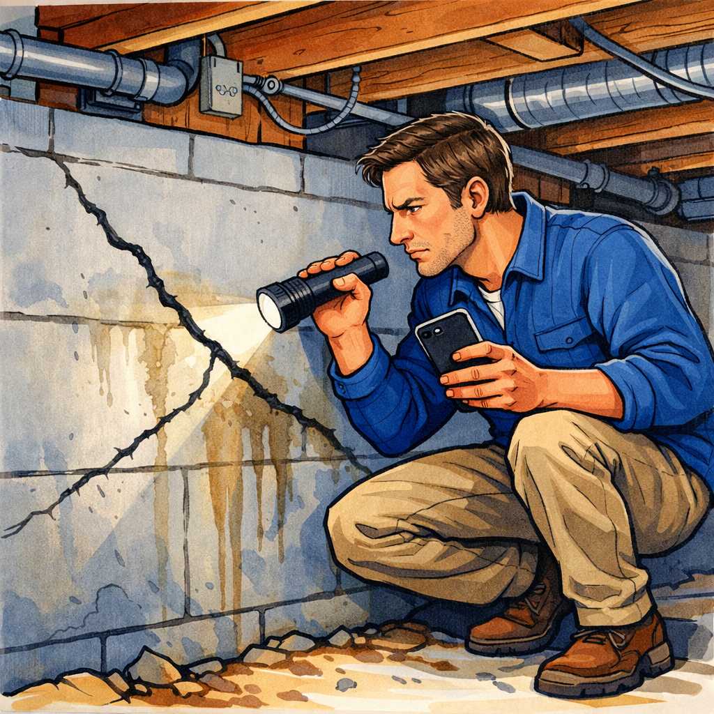 Homeowner inspecting foundation crack with flashlight documenting home maintenance red flag requiring professional assessment
