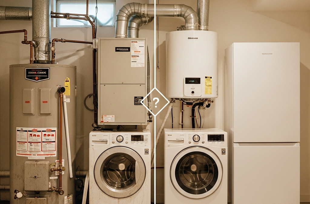 Comparison of old worn home components versus new replacements showing repair versus replace decision for homeowner planning