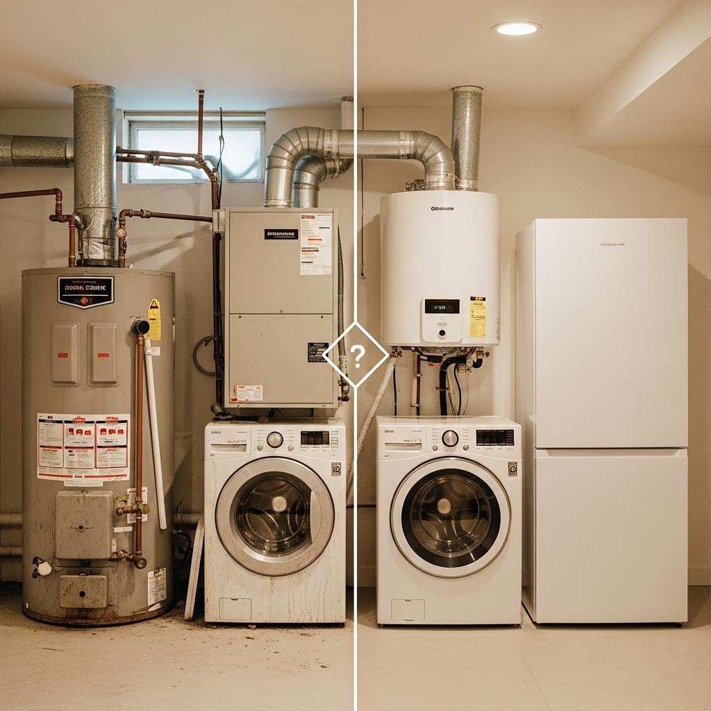 Comparison of old worn home components versus new replacements showing repair versus replace decision for homeowner planning