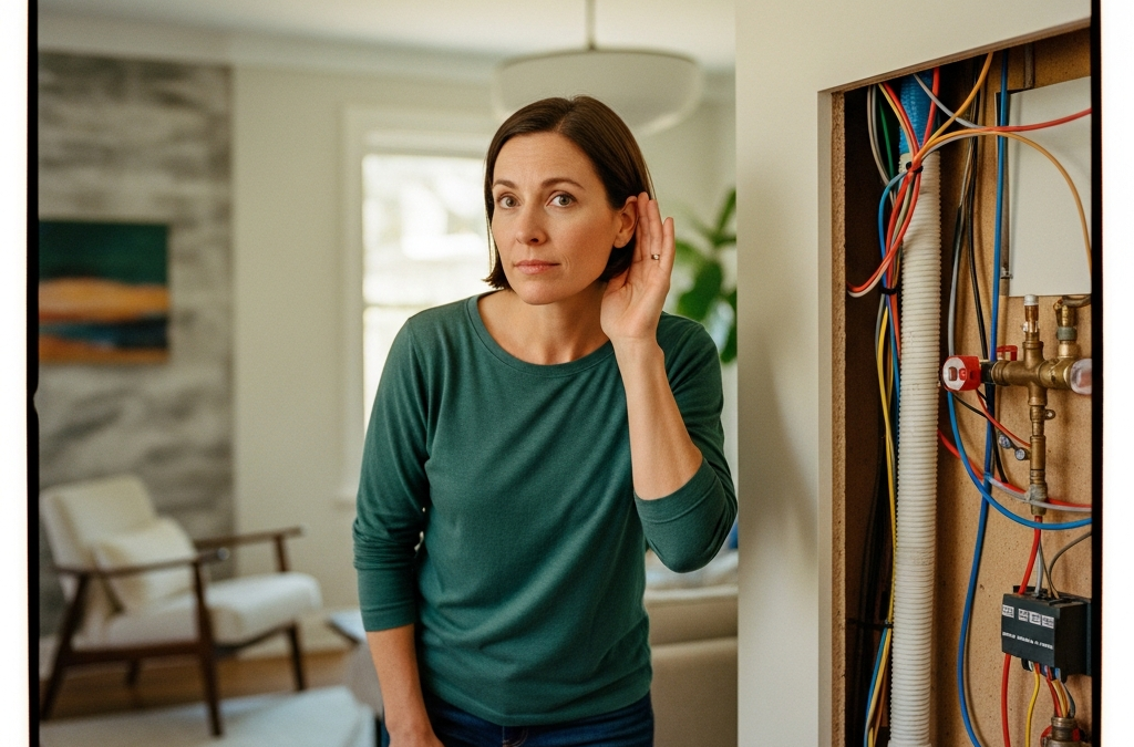 Homeowner listening to house sounds while understanding home warning signs and maintenance signals in modern interior