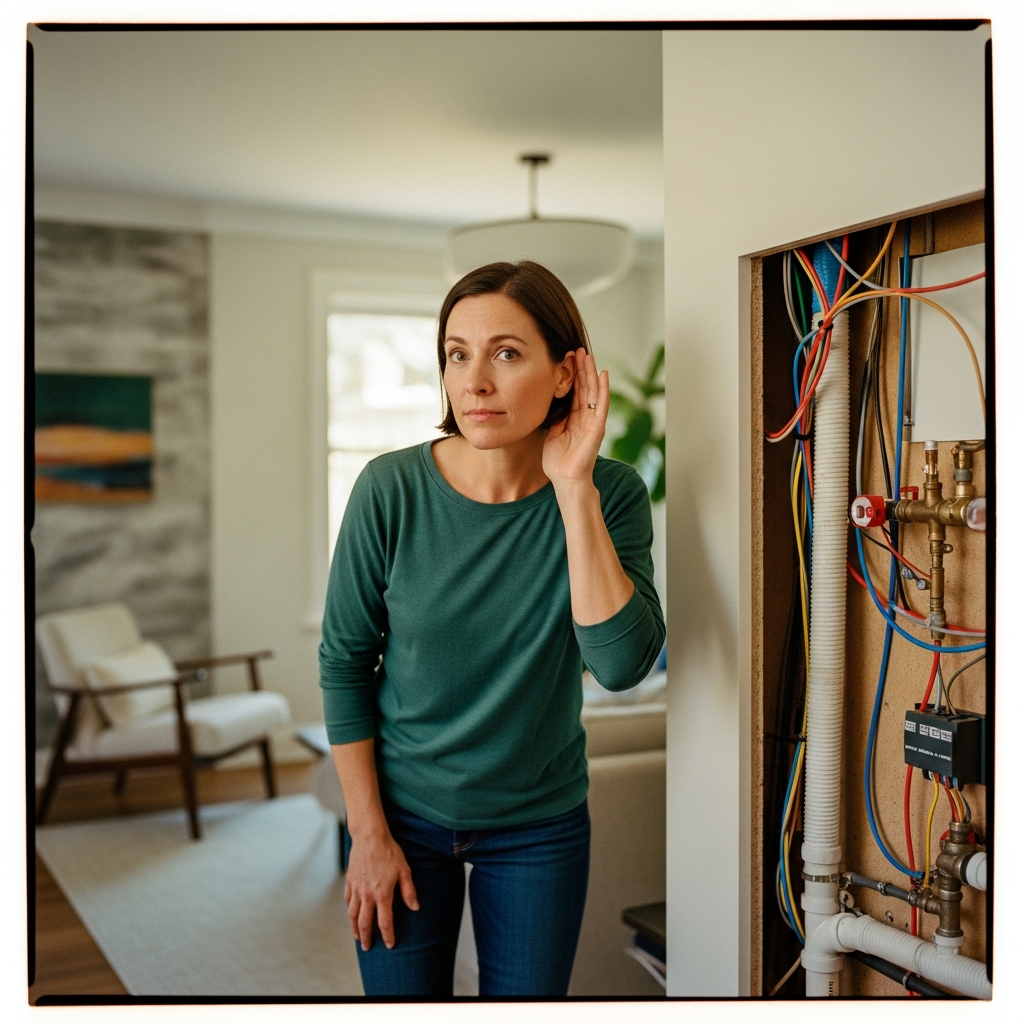 Homeowner listening to house sounds while understanding home warning signs and maintenance signals in modern interior