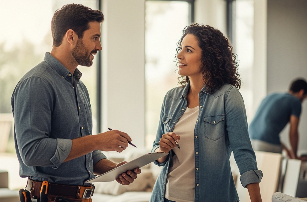 How to find contractors. Homeowner and professional contractor reviewing project plans and discussing home improvement work specifications