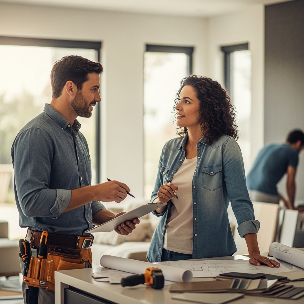 How to find contractors. Homeowner and professional contractor reviewing project plans and discussing home improvement work specifications