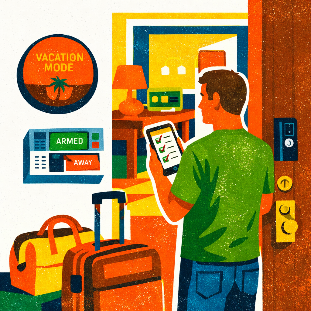 Prepared homeowner with luggage reviewing home vacation checklist on tablet while arming security system before traveling