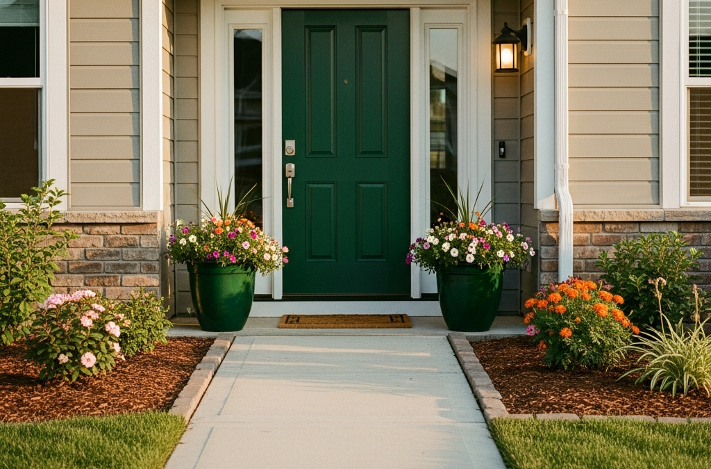 Welcoming home entrance with freshly painted green door and manicured landscaping