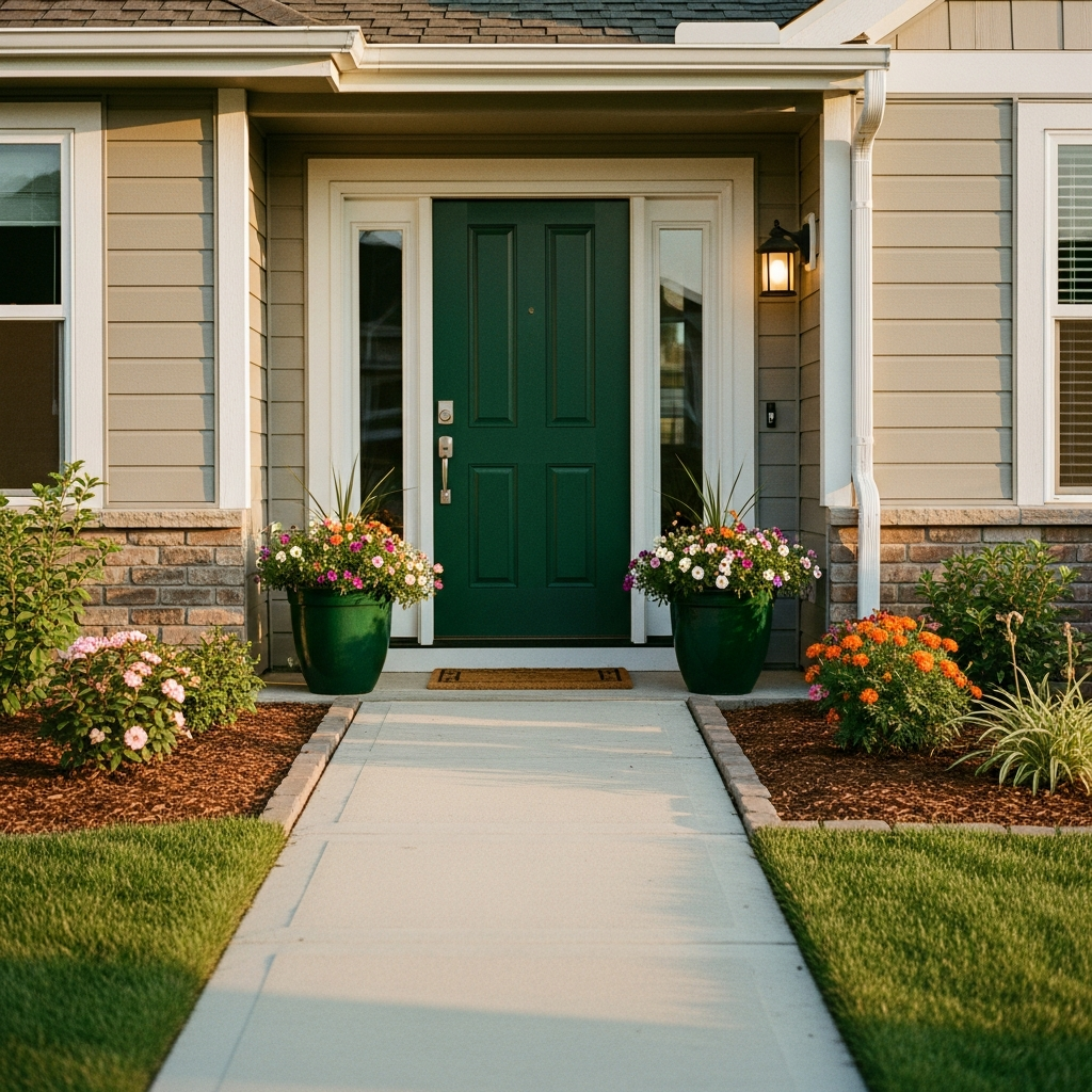 Welcoming home entrance with freshly painted green door and manicured landscaping