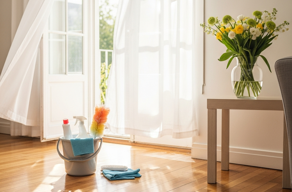 Bright sunlit living room with open windows during a spring home refresh