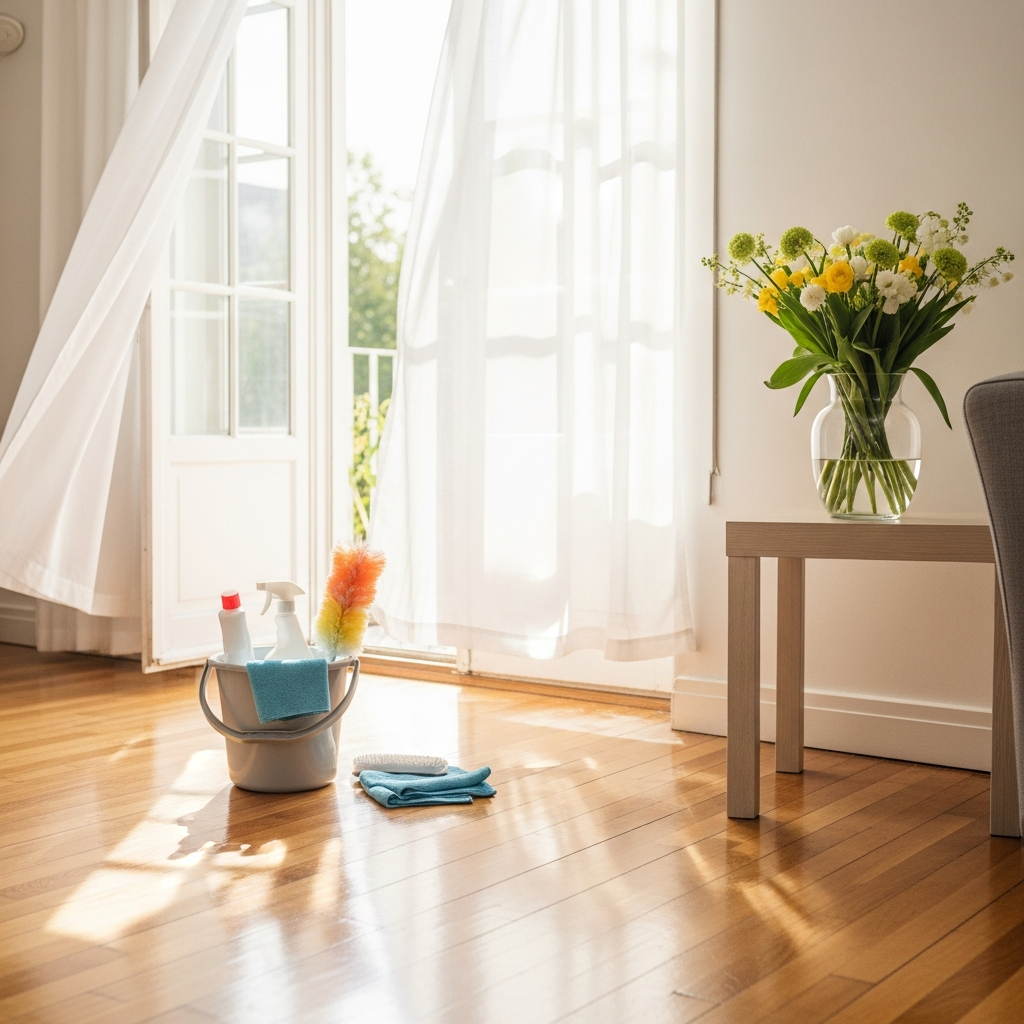 Bright sunlit living room with open windows during a spring home refresh