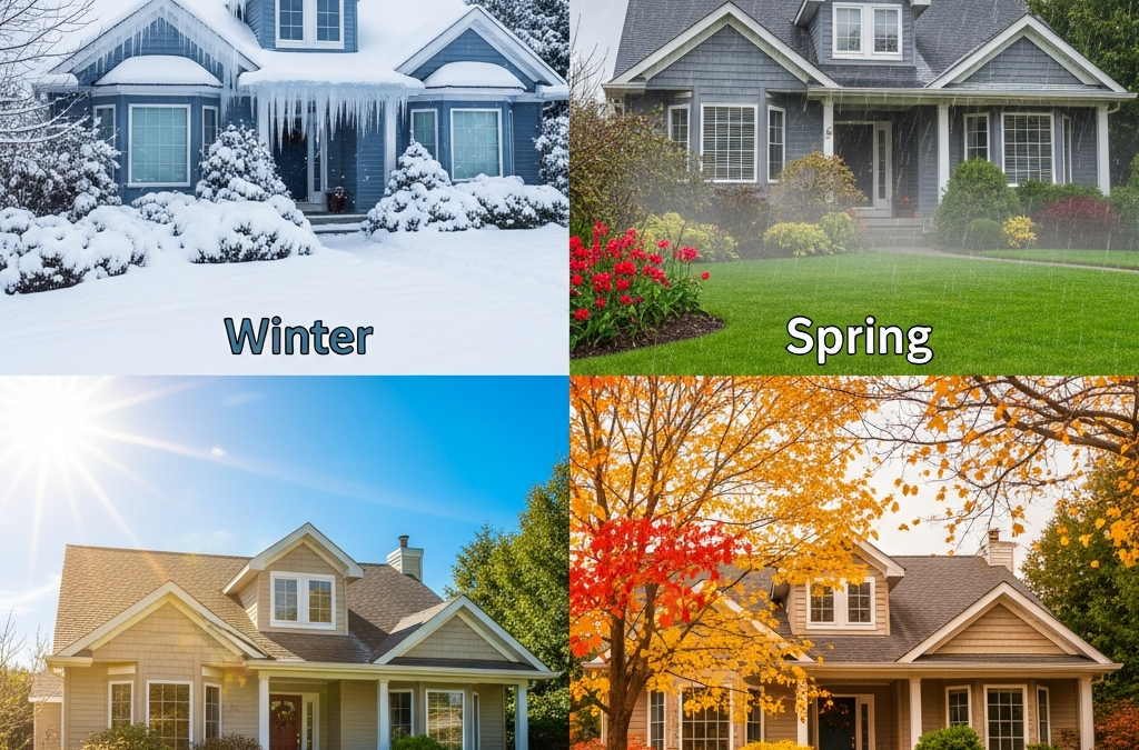 Weatherproofing your home. Home exterior shown in all four seasons demonstrating year-round weatherproofing needs for comprehensive property protection