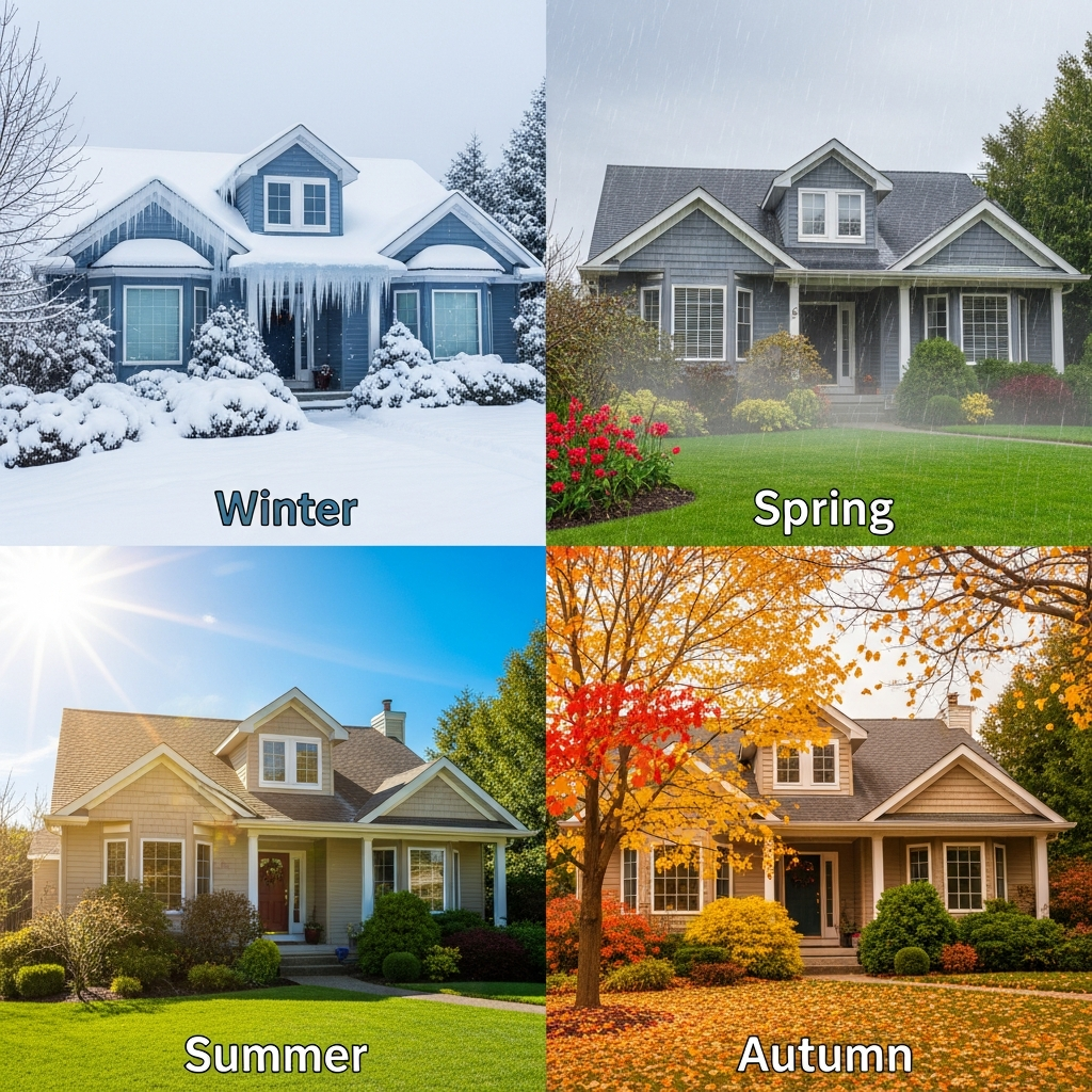 Weatherproofing your home. Home exterior shown in all four seasons demonstrating year-round weatherproofing needs for comprehensive property protection