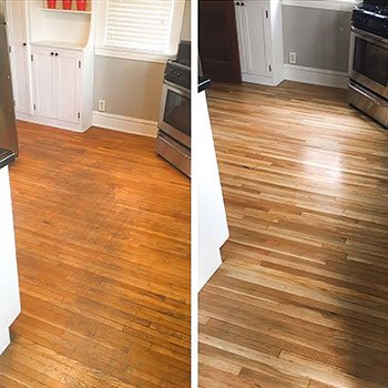 Before and after a restoration of hardwood flooring in Abingdon