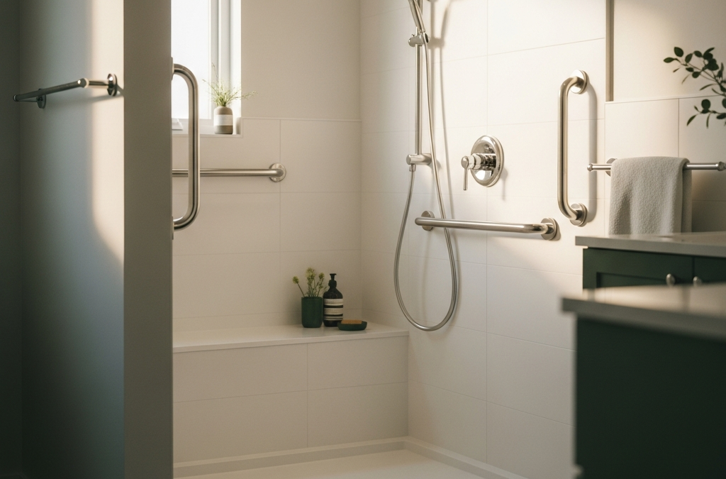 Aging in place: Modern accessible bathroom with chrome grab bars and zero-threshold walk-in shower