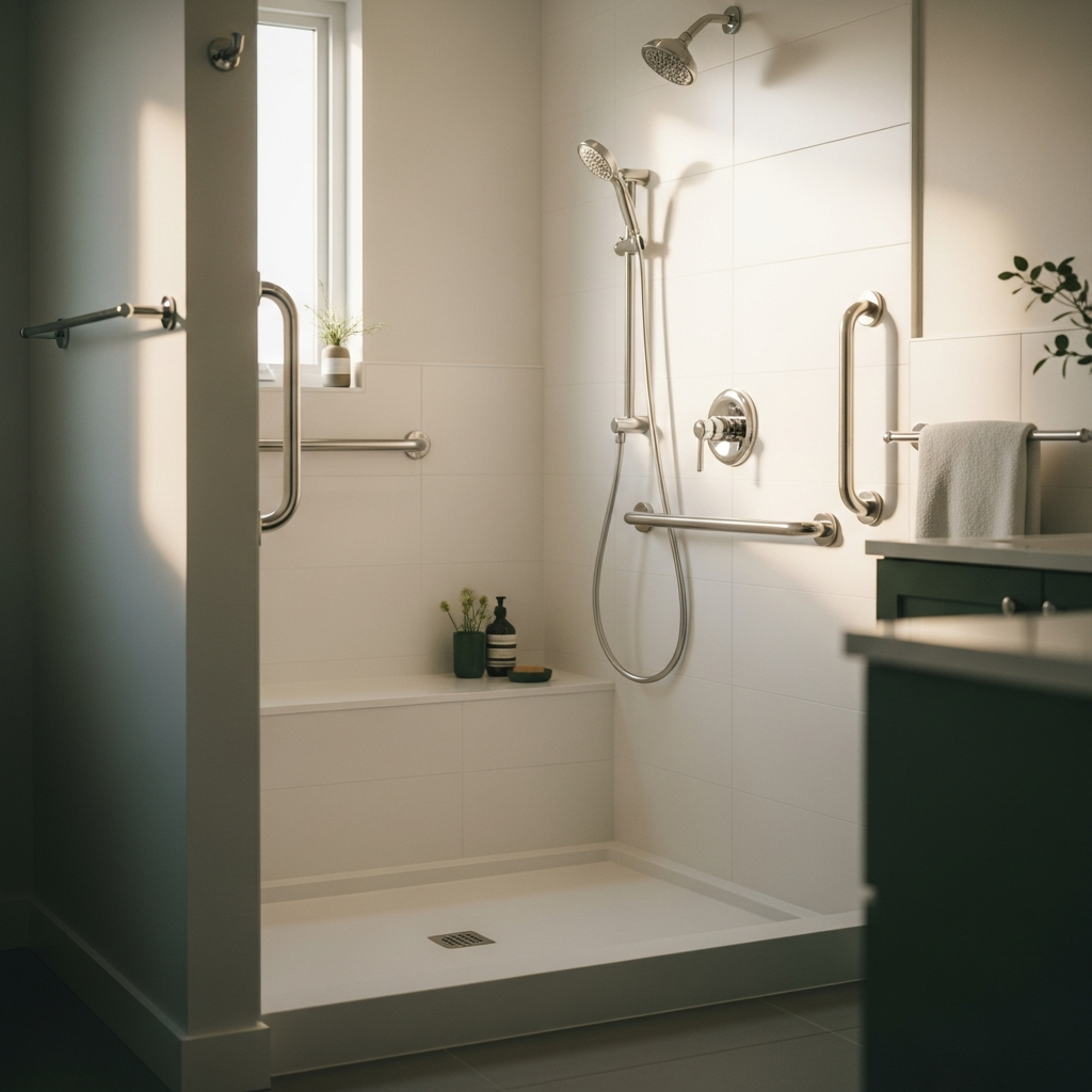 Aging in place: Modern accessible bathroom with chrome grab bars and zero-threshold walk-in shower