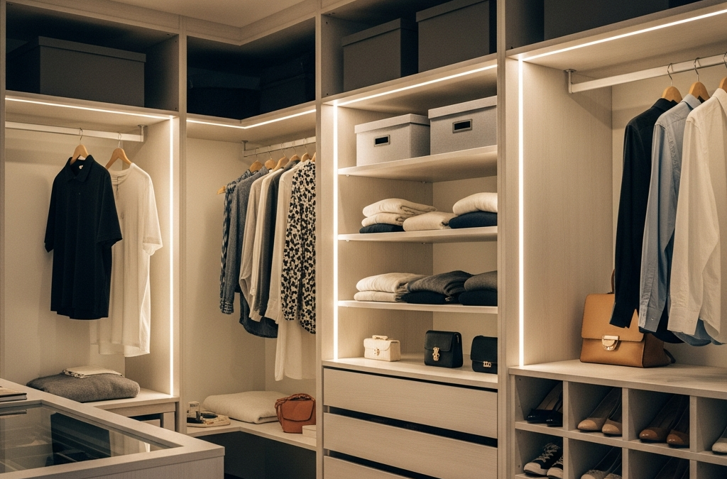 custom storage: Organized walk-in closet with custom laminate shelving system and built-in lighting
