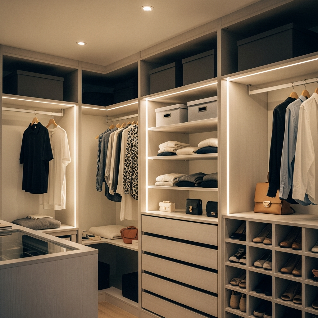 custom storage: Organized walk-in closet with custom laminate shelving system and built-in lighting