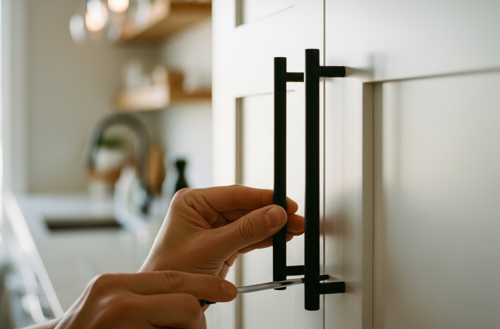 Installing modern matte black hardware on white shaker kitchen cabinets as part of small home improvements