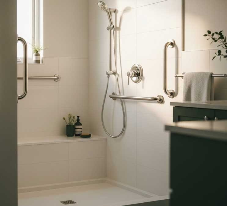 A Bath tub and Bathroom with various accessibility upgrades