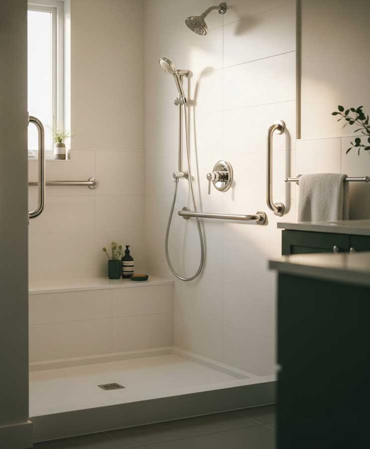 A Bath tub and Bathroom with various accessibility upgrades